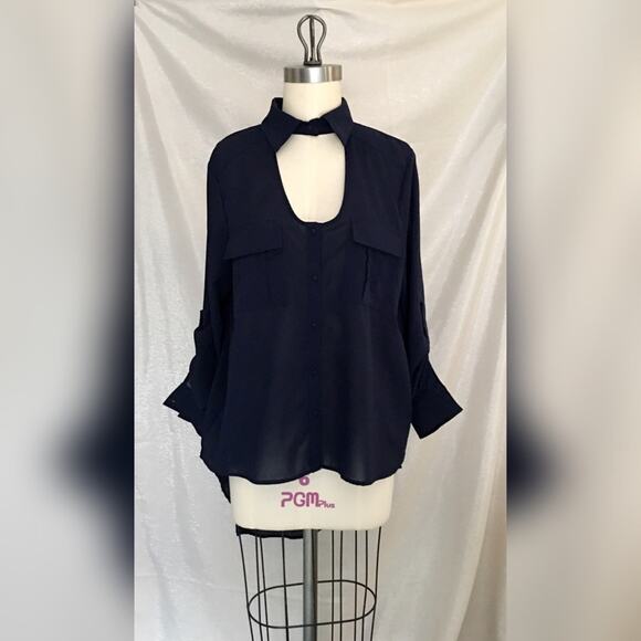 Double Zero Navy Blue Black High Low Semi Sheer Button Shirt M - Picture 2 of 10